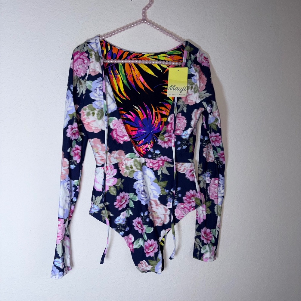 Maaji Long Sleeve One Piece Swimsuit XL Navy Floral NEW Open Back Surf Suit - Picture 4 of 13